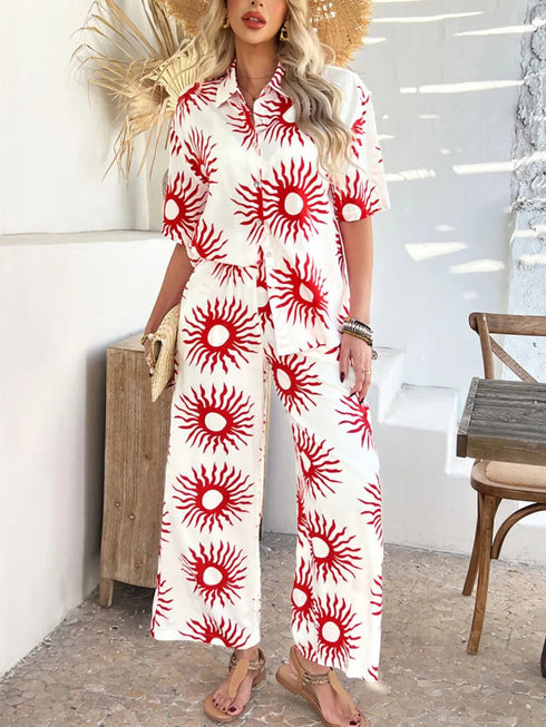 'Splendory' Collared Print Top and Pants Set - Celes Fashion